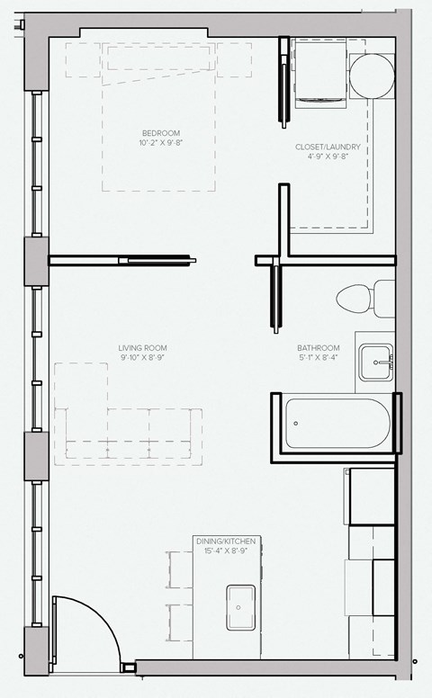 Floor plan for 1 bed, 1 bath, 428 sqft